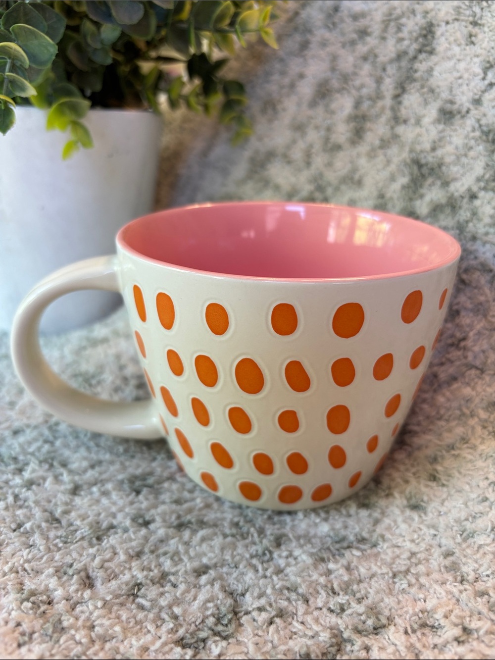 Opal House Ceramic Mug Ivory with Orange Polka Dots and Pink Interior RS 16oz.